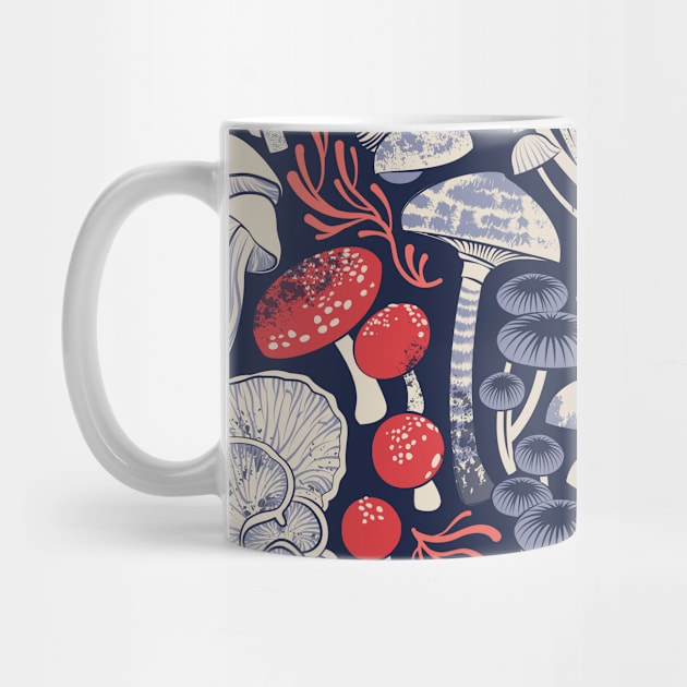 Mystical fungi // midnight blue background ivory pale blue coral and red wild mushrooms by SelmaCardoso